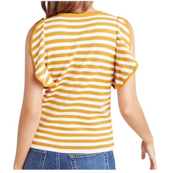 Anthropologie Women's XS Jillian Flutter Sleeve Mustard White Striped Sweater - Picture 2 of 7